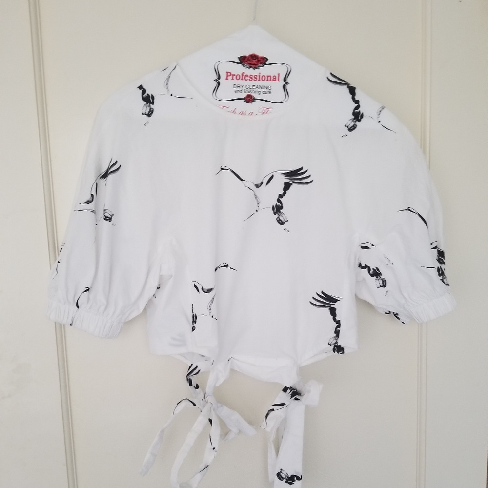 Zara Cotton Puffy Sleeve Crop Top w Bow Ties